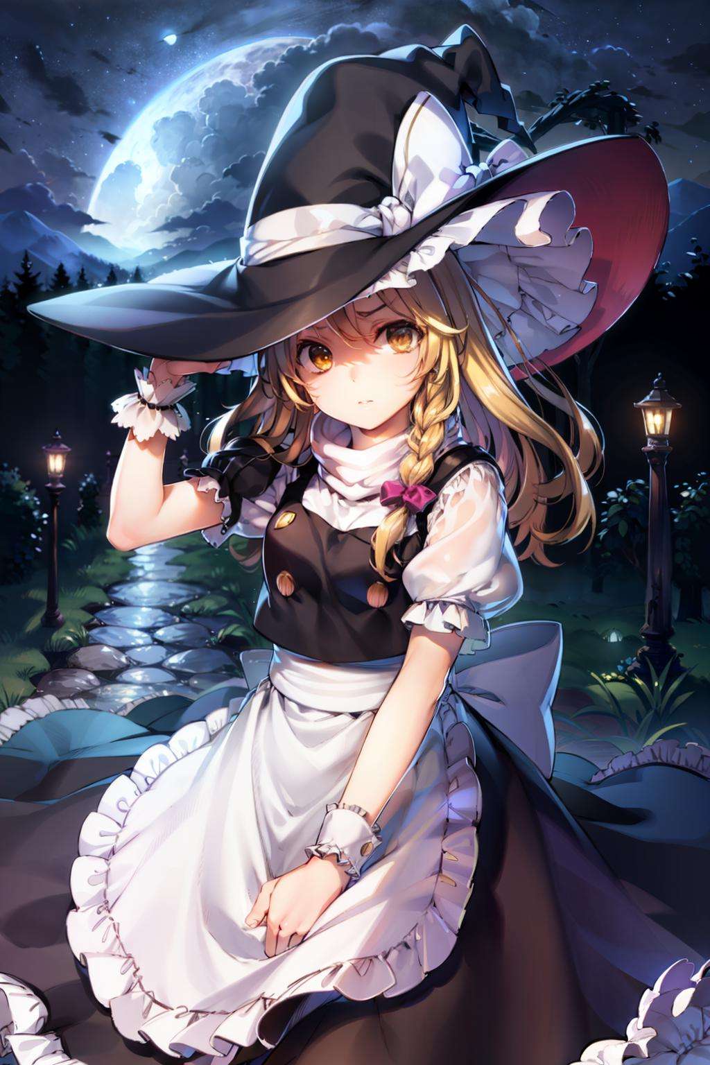 masterpiece, best quality, <lora:marisa:1>,night,sky,moon,1girl, solo,yellow eyes, blonde hair, long hair, braid, witch hat,bow,wrist cuffs,short sleeves, apron