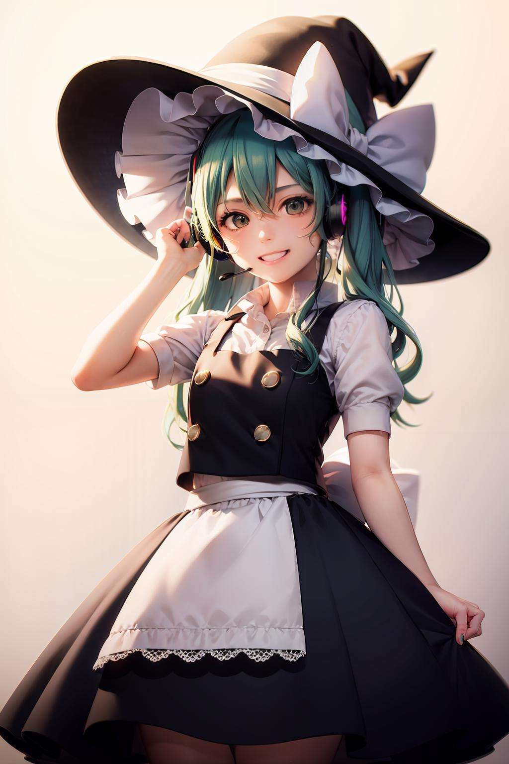 masterpiece, best quality, <lora:marisa:1>,kirisame marisa, green hair,twintails, grin,witch hat, hatsune miku, headset