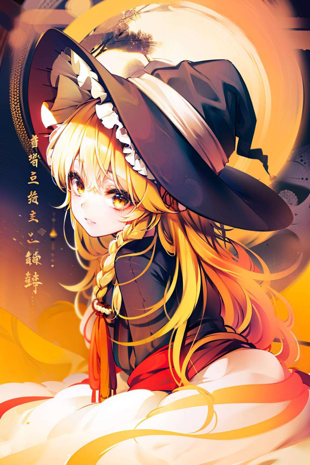 masterpiece, best quality, hanfukozue,<lora:marisa:1>,1girl, witch hat, solo, long hair, blonde hair, yellow eyes,braid,hanfu,chinese clothes, 