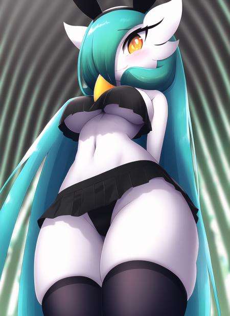 <lora:rilexlenov-000030:1>, gardevoir, creatures (company), game freak, nintendo, pokemon, rilex lenov, 1girl,  3, alternate color, alternate hair length, alternate hairstyle, animal ears, areola slip, arm behind back, bangs, bare shoulders, black hairband, black panties, black shirt, black skirt, black thighhighs, blue hair, blush, breasts, bright pupils, closed mouth, colored skin, cowboy shot, crop top, fake animal ears, female focus, from below, gen 3 pokemon, gluteal fold, gradient background, grey background, hair over one eye, hairband, hand up, happy, highleg, highleg panties, long hair, looking at viewer, looking down, medium breasts, microskirt, navel, no bra, one eye covered, orange eyes, panties, pantyshot, pleated skirt, pokemon (creature), rabbit ears, raised eyebrows, shiny pokemon, shirt, skirt, sleeveless, sleeveless shirt, smile, solo, spade (shape), standing, stomach, string panties, thick thighs, thighhighs, thighs, transparent, underboob, underwear, upskirt, very long hair, white pupils, white skin, wide hips