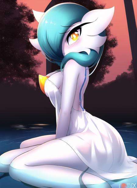 <lora:rilexlenov-000030:1>, gardevoir, ribombee, creatures (company), game freak, nintendo, pokemon, rilex lenov, 1girl, alternate color, artist name, back, backless dress, backless outfit, bangs, bare shoulders, between legs, blue background, blue hair, blush, breasts, bright pupils, colored skin, covered erect nipples, dress, female focus, from side, gen 3 pokemon, gen 7 pokemon, hand between legs, lamppost, light blush, long sleeves, looking at viewer, medium breasts, medium hair, no bra, off-shoulder dress, off shoulder, orange eyes, partially submerged, pokemon (creature), ripples, see-through silhouette, shiny pokemon, sidelocks, silhouette, sitting, solo focus, thighs, wariza, water, white dress, white pupils, white skin