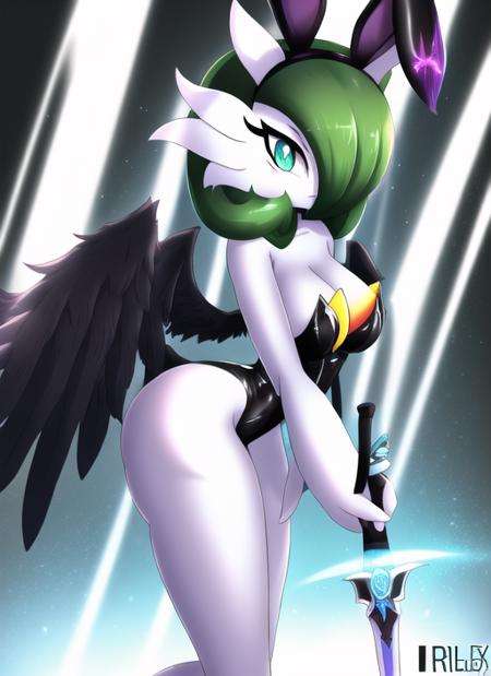 <lora:rilexlenov-000030:1>, gardevoir, creatures (company), game freak, nintendo, pokemon, rilex lenov, 1girl, alternate color, alternate shiny pokemon, animal ears, arched back, arm tattoo, artist name, bangs, bare shoulders, black hair, black hairband, black leotard, black wings, blue eyes, breasts, bright pupils, closed mouth, colored skin, expressionless, fake animal ears, feathered wings, female focus, from side, full body, gen 3 pokemon, glowing, grey background, hairband, hands on hilt, leaning forward, leg tattoo, legs together, leotard, light rays, long legs, looking at viewer, low wings, magic circle, medium breasts, medium hair, own hands together, planted, planted sword, planted weapon, playboy bunny, pokemon (creature), rabbit ears, solo, standing, strapless, strapless leotard, sword, tattoo, thighs, underlighting, weapon, white pupils, white skin, wings