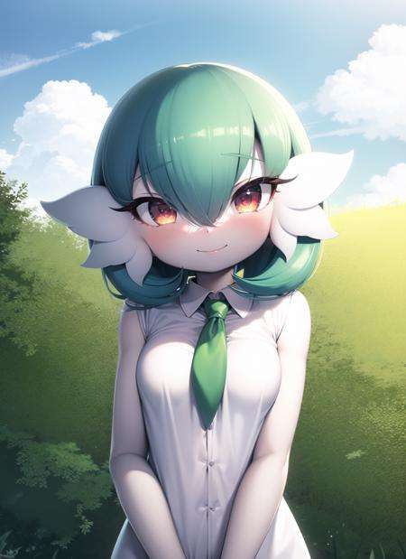 <lora:rilex2ep7_0.85dim32:1>, gardevoir, simple background, blue hair, colored skin, white skin, outdoors, grass, upper body, smile, blush, black shirt, standing, sky, day,