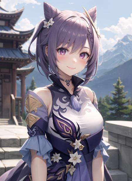 <lora:keqing1-000009:1>, keqingdef, upper body, smile, blush, outdoors, day, simple background, blue sky, short hair, sky, temple, looking at viewer, stairs, mountain, moody lighting, facing viewer, 