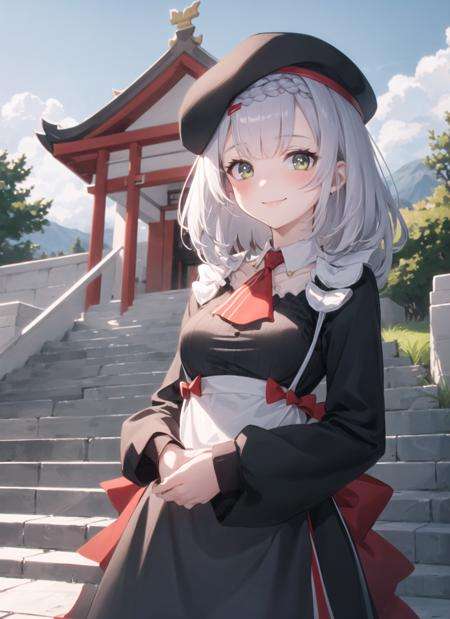 <lora:noelle1ep10_0.85dim32:1>, noellekfc, upper body, smile, blush, outdoors, day, simple background, blue sky, short hair, sky, temple, looking at viewer, stairs, mountain, moody lighting, facing viewer, 