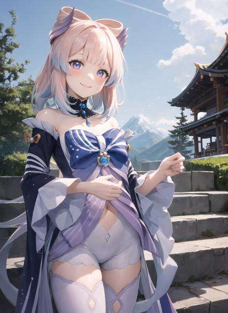 <lora:sangonomiyakokomi1-000008:1>, kokomidef, upper body, smile, blush, outdoors, day, simple background, blue sky, short hair, sky, temple, looking at viewer, stairs, mountain, moody lighting, facing viewer,