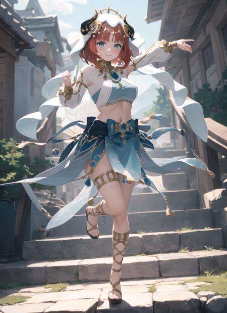 <lora:nilou1-000008:1>, niloudef, full body, smile, blush, outdoors, day, simple background, blue sky, short hair, sky, temple, looking at viewer, stairs, mountain, moody lighting, facing viewer, dancing,