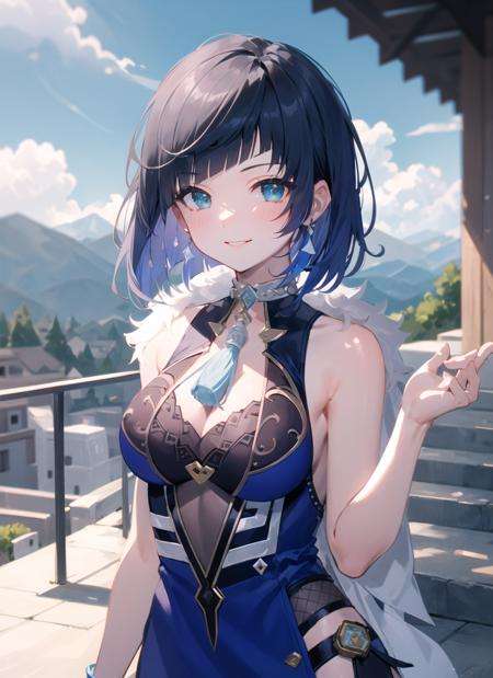 <lora:yelan1-000008:1>, yelendef, upper body, smile, blush, outdoors, day, simple background, blue sky, short hair, sky, temple, looking at viewer, stairs, mountain, moody lighting, facing viewer,