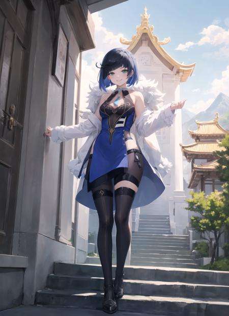 <lora:yelan1-000008:1>, yelendef, full body, smile, blush, outdoors, day, simple background, blue sky, short hair, sky, temple, looking at viewer, stairs, mountain, moody lighting, facing viewer,