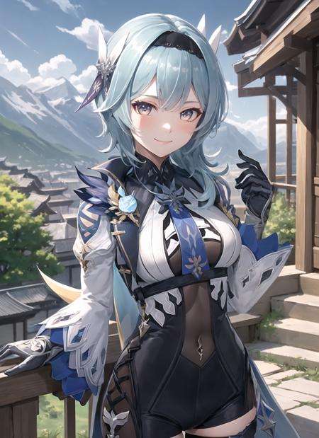 <lora:eula2-000010:1>, euladef, upper body, smile, blush, outdoors, day, simple background, blue sky, short hair, sky, temple, looking at viewer, stairs, mountain, moody lighting,