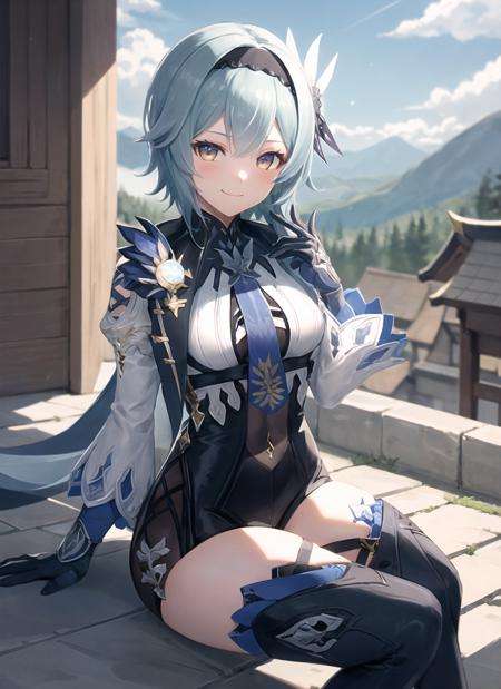 <lora:eula2-000010:1>, euladef, full body, sitting, smile, blush, outdoors, day, simple background, blue sky, short hair, sky, temple, looking at viewer, sitting on stairs, mountain, moody lighting,