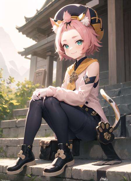 <lora:diona2-000010:1>, dionadef, full body, sitting, smile, blush, outdoors, day, simple background, blue sky, short hair, sky, temple, looking at viewer, sitting on stairs, mountain, moody lighting,