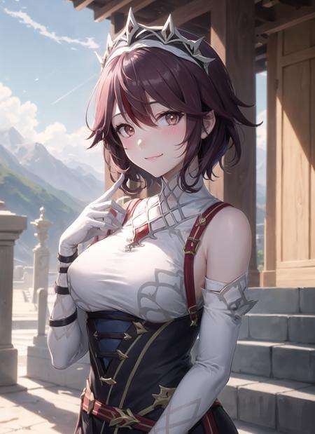 <lora:rosaria0.85dim32:1>, rosariadef, upper body, smile, blush, outdoors, day, simple background, blue sky, short hair, sky, temple, looking at viewer, stairs, mountain, moody lighting, 