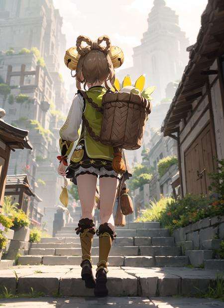 <lora:yaoyao2-000008:1>, yaoyaodef, full body, standing, outdoors, day, simple background, arm up, basket, blue sky, short hair, sky, temple, from behind, walking up stairs, mountain, moody lighting, bloomers,