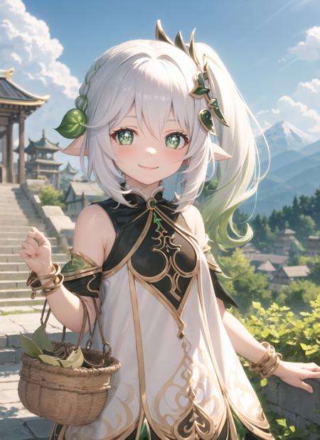 <lora:nahida1-000010:1>, nahidadef, upper body, smile, blush, outdoors, day, simple background, arm up, basket, blue sky, short hair, sky, temple, looking at viewer, stairs, mountain, moody lighting,