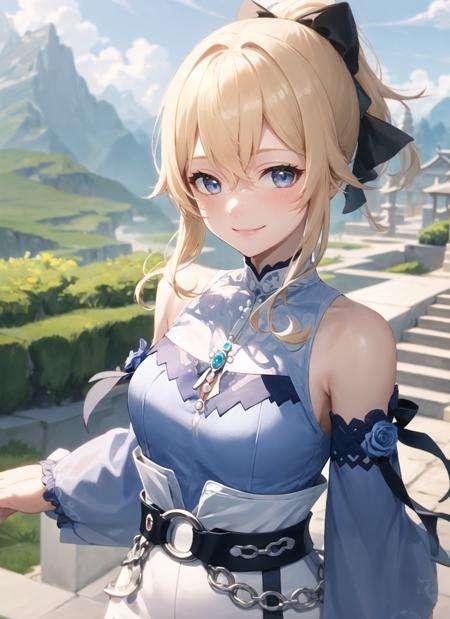 <lora:jean1-000009:1>, jeanseabreeze, upper body, smile, blush, outdoors, day, simple background, blue sky, short hair, sky, temple, looking at viewer, stairs, mountain, moody lighting,