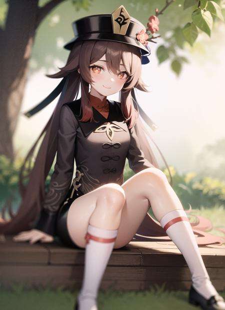<lora:hutao1-000009:1>, hutaodef, full body, sitting, smile, blush, outdoors, day, simple background,