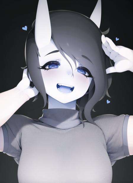 <lora:blueRes2:1>, solo, open mouth, facing viewer, shirt, smile, teeth, upper body, blush, fangs, short hair, simple background, white background,