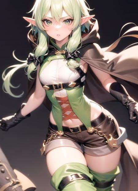 <lora:highelf1-000014:1>, def1, asymmetrical sleeves, bangs, black thighhighs, blonde hair, blush, brown cloak, cloak, cowboy shot, green vest, hair between eyes, hair ribbon, hood, hood down, leg belt, looking at viewer, parted lips, purple background, ribbon, shirt, short shorts, skindentation, solo, standing, thigh boots, thighhighs under boots, tress ribbon, uneven sleeves, vest, walking, white shirt