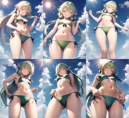 <lora:highelf1-000014:1>, rnd1, ryuinu, 10s, bikini, black bow, blue sky, bow, closed eyes, cloud, day, from below, green bikini, hair bow, long hair, looking at viewer, navel, outdoors, side-tie bikini bottom, sky, smile, solo, standing, sun, swimsuit