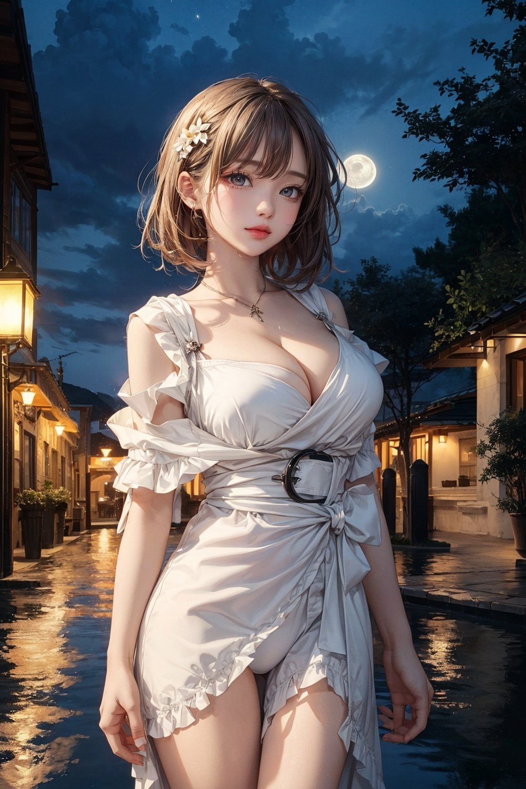 1girl, breast, moon, lantern, night, solo, room, hair accessory, wet, white gown with slit up to the hip, cleavage, wading, water, hair flower, flower, outdoor, sky, full moon, rain, brunette hair, not shoulders, mountain, cloud, holding, belt, bare shoulders, paper lantern, standing, white kimono, night sky, side chest, belt, wet clothes, bangs, tree, from front, reflection, short hair, cloudy sky, wet hair (((masterpiece), (very detailed CG Unity 8k wallpaper), best quality,, Solo, 1girl, cinematic lighting, detailed background, beautiful detailed eyes, bright pupils, (very delicate and beautiful), (beautiful and detailed eye description), super detailed, masterpiece,)),LuxuriousWheelsCostume,  silver dress,anime