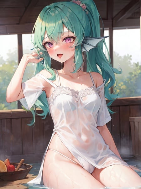 masterpiece, detailed, high quality, (absurdres), high sharpness, high resolution, finana, 1girl, ponytail, curly hair, solo, (ahegao:1.3), saliva, drooling, mole under eye, (small breasts), blush, curvy, wide hips, groin, (cameltoe), nightgown, legs up, (hand on leg), (sweat:1.3, wet:1.3, wet hair:1.3),