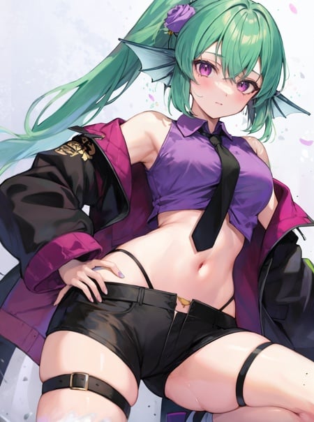 masterpiece, detailed, high quality, absurdres, finana, 1girl, solo, head fins, ponytail, green hair, midriff, black pants, navel, long hair, looking at viewer, crop top, black jacket, off shoulder, collared shirt, cowboy shot, purple shirt, hand on hip, necktie, hair ornament, medium breasts, bangs, long sleeves, thigh strap, black necktie, sneakers, black footwear,