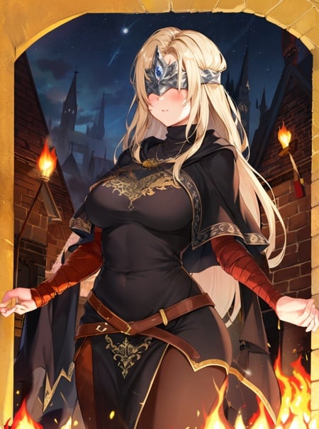 masterpiece, detailed, high quality, absurdres, blindfirekeeper, 1girl, solo, blush, medium breasts, curvy, black dress, see-through, black capelet, bandaged arm, praying, church, lamp, night, starry sky, bonfire, cowboy shot, 