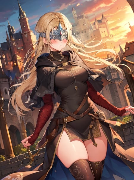 masterpiece, detailed, high quality, absurdres, blindfirekeeper, 1girl, covered eyes, eye mask, solo, blush, medium breasts, curvy, black dress, miniskirt, zettai ryouiki, bandaged arm, capelet, own hands together, castle, 