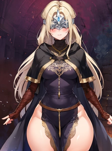 masterpiece, detailed, high quality, absurdres, blindfirekeeper, 1girl, solo, blush, medium breasts, curvy, wide hips, black dress, black capelet, bandaged arm, cowboy shot, 