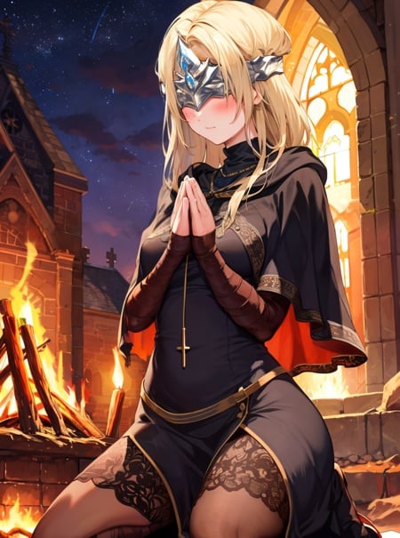 masterpiece, detailed, high quality, absurdres, blindfirekeeper, 1girl, solo, blush, medium breasts, curvy, black dress, see-through, black capelet, bandaged arm, (praying:1.3), own hands together, church, lamp, night, starry sky, (bonfire), kneeling, cowboy shot, 