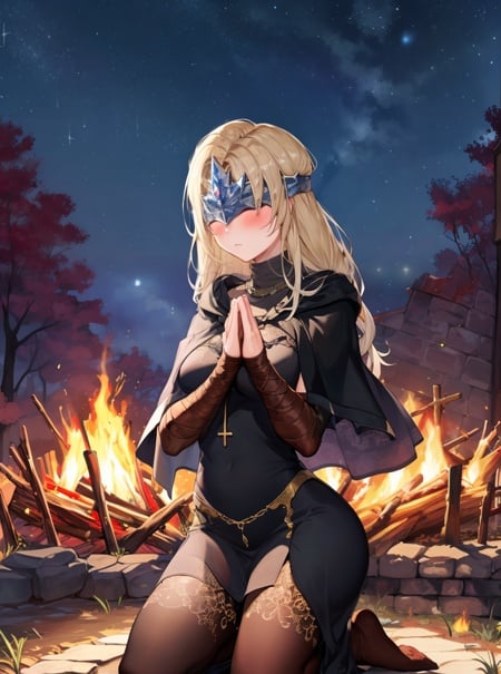 masterpiece, detailed, high quality, absurdres, blindfirekeeper, 1girl, solo, blush, medium breasts, curvy, black dress, see-through, black capelet, bandaged arm, (praying:1.3), own hands together, church, lamp, night, starry sky, (bonfire), kneeling, cowboy shot, 