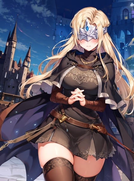 masterpiece, detailed, high quality, absurdres, blindfirekeeper, 1girl, covered eyes, eye mask, solo, blush, medium breasts, curvy, black dress, miniskirt, zettai ryouiki, bandaged arm, capelet, own hands together, castle, 