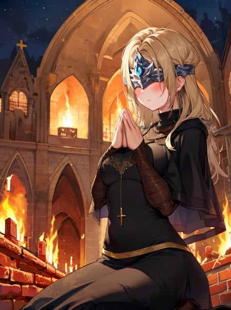 masterpiece, detailed, high quality, absurdres, blindfirekeeper, 1girl, solo, blush, medium breasts, curvy, black dress, see-through, black capelet, bandaged arm, (praying:1.3), own hands together, church, lamp, night, starry sky, (bonfire), kneeling, cowboy shot, 