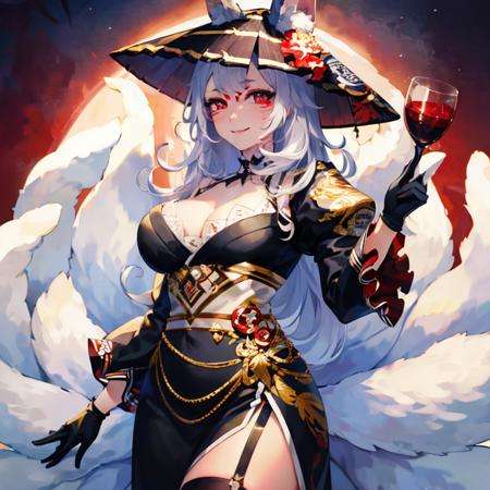 masterpiece, detailed, high quality, (absurdres), high sharpness, high resolution, ninakosaka, 1girl, breasts, tail, gloves, solo, hat, cleavage, large breasts, flower, smile, black gloves, looking at viewer, dress, black headwear, kitsune, puffy sleeves, garter straps, holding,