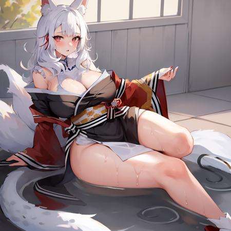 masterpiece, detailed, high quality, (absurdres), high sharpness, high resolution, 1girl, solo, nina kosaka, fox ears, fox tail, white hair, parted lips, blush, large breasts, cleavage, curvy, wide hips, kimono, bare shoulders, wide sleeves, sitting, looking at viewer, wet, sweat, 