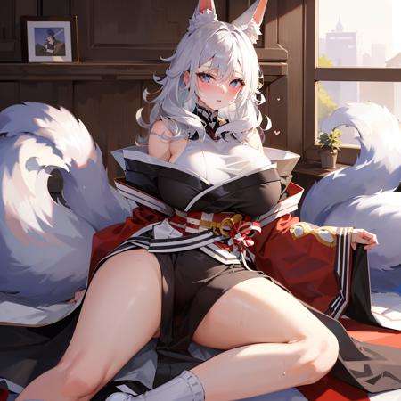 masterpiece, detailed, high quality, (absurdres), high sharpness, high resolution, 1girl, solo, nina kosaka, fox ears, fox tail, white hair, parted lips, blush, large breasts, cleavage, curvy, wide hips, kimono, bare shoulders, wide sleeves, sitting, looking at viewer, wet, sweat, 