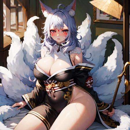 masterpiece, detailed, high quality, (absurdres), high sharpness, high resolution, ninakosaka, 1girl, solo, multiple tails, curly hair, facial mark, parted lips, blush, large breasts, cleavage, navel, curvy, wide hips, groin, cameltoe, short kimono, wet, sweat, sitting, cowboy shot,