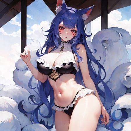 masterpiece, detailed, high quality, (absurdres), high sharpness, high resolution, ninakosaka, 1girl, solo, multiple tails, curly hair, facial mark, parted lips, blush, large breasts, cleavage, navel, curvy, wide hips, groin, swimsuit, frills, wet, sweat, cowboy shot,