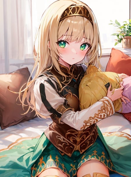 masterpiece, detailed, high quality, absurdres, alicia, 1girl, solo, small breasts, puffy sleeves, thigh boots, blush, juliet sleeves, zettai ryouiki, sketch, green skirt, sitting, (wariza), pillow, pillow hug, looking at viewer, cowboy shot, 