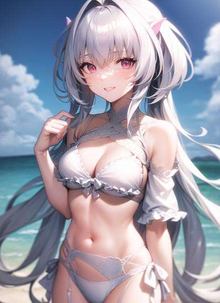 <lora:merlin-000021:1>, swim1, fate prototype, wapokichi, bare shoulders, blue sky, blurry, blurry background, cleavage, day, depth of field, grey hair, hair between eyes, hair intakes, hand up, medium breasts, navel, outdoors, sky