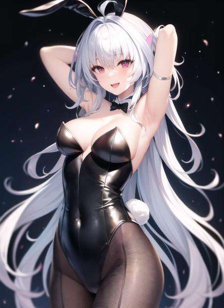 <lora:merlin-000021:1>, rnd1, yumeneko nyaa, animal ears, armpits, arms behind head, arms up, bare shoulders, black leotard, blush, choker, cleavage, covered navel, fake animal ears, highleg, highleg leotard, leotard, medium breasts, open mouth, pantyhose, playboy bunny, rabbit ears, smile, strapless, strapless leotard, thighs