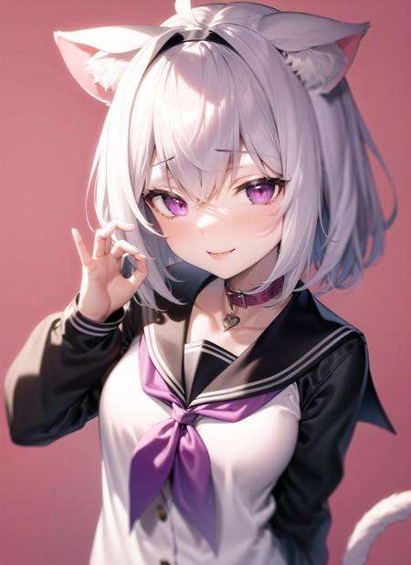 <lora:felges1-000024:1>, nekomata okayu, hololive, yuura, q, ahoge, animal collar, animal ear fluff, animal ears, bangs, black collar, black hairband, blush, buttons, cat ears, cat girl, collar, collarbone, fingernails, hair between eyes, hairband, hand gesture, heart, long sleeves, neckerchief, pink background, purple eyes, purple hair, sailor collar, school uniform, serafuku, short hair, sidelocks, smile, virtual youtuber, white neckerchief, white sailor collar