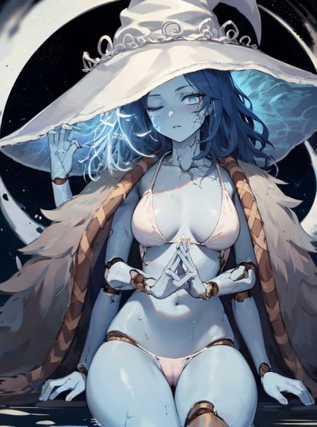 masterpiece, detailed, high quality, absurdres, ranni, 1girl, solo, cracked skin, doll joints, one eye closed, four arms, blush, medium breasts, curvy, witch hat, white headwear, swimsuit, frills, cameltoe, sitting, partially submerged, moon, cowboy shot, 