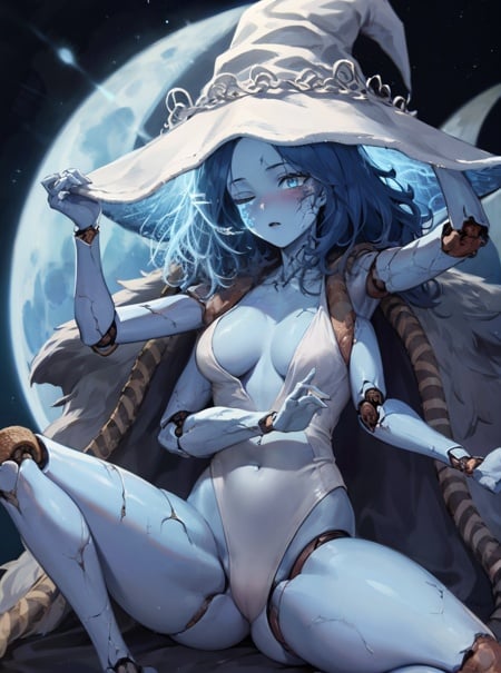 masterpiece, detailed, high quality, absurdres, ranni, 1girl, solo, cracked skin, doll joints, one eye closed, four arms, blush, medium breasts, curvy, witch hat, white headwear, highleg leotard, spread legs, moon, cowboy shot, 