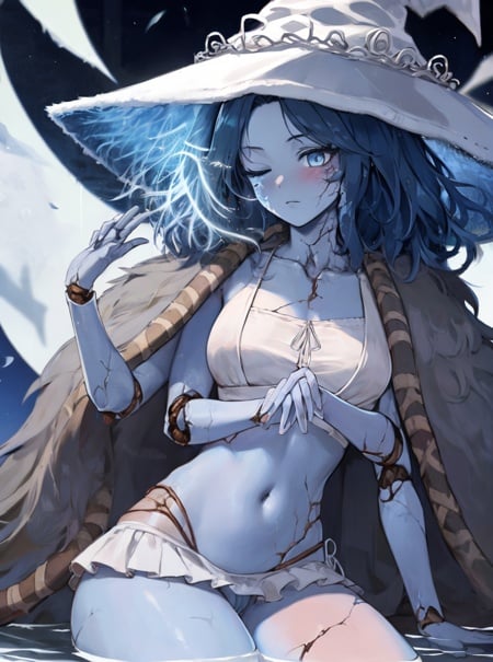 masterpiece, detailed, high quality, absurdres, ranni, 1girl, solo, cracked skin, doll joints, one eye closed, four arms, blush, medium breasts, curvy, witch hat, white headwear, swimsuit, crop top, white microskirt, (frills:1.3), cameltoe, sitting, (partially submerged), moon, cowboy shot, 