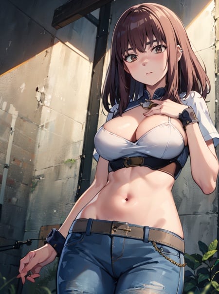 masterpiece, detailed, high quality, absurdres, kiruko, 1girl, solo, blush, medium breasts, curvy, silver trim blue violet striped shirt, silver trim, dark gray high-low skirt,, brooch, finger gun, cowboy shot, 