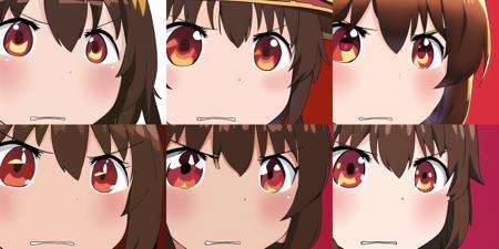 <lora:gununu-000010:1>, megumin, kono subarashii sekai ni shukufuku wo!, gunuaki, 1girl, brown hair, close-up, parody, red eyes, white background