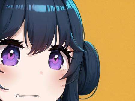 <lora:gununu-000010:1>, shima rin, yurucamp, gunuaki, 1girl, blue hair, clenched teeth, close-up, parody, purple eyes, simple background, teeth