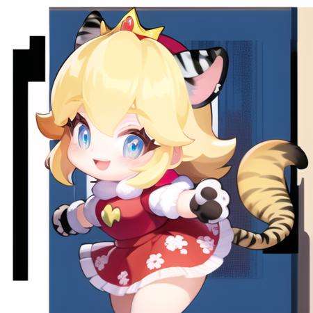 <lora:GTChibi-000019:1>, blonde hair, blue eyes, tail, animal hands, animal ears, smile, paw gloves, cat tail, crown, open mouth, cat ears, gloves, skirt, jewelry, red skirt, princess peach, holding, tiger ears, frilled skirt, paw print